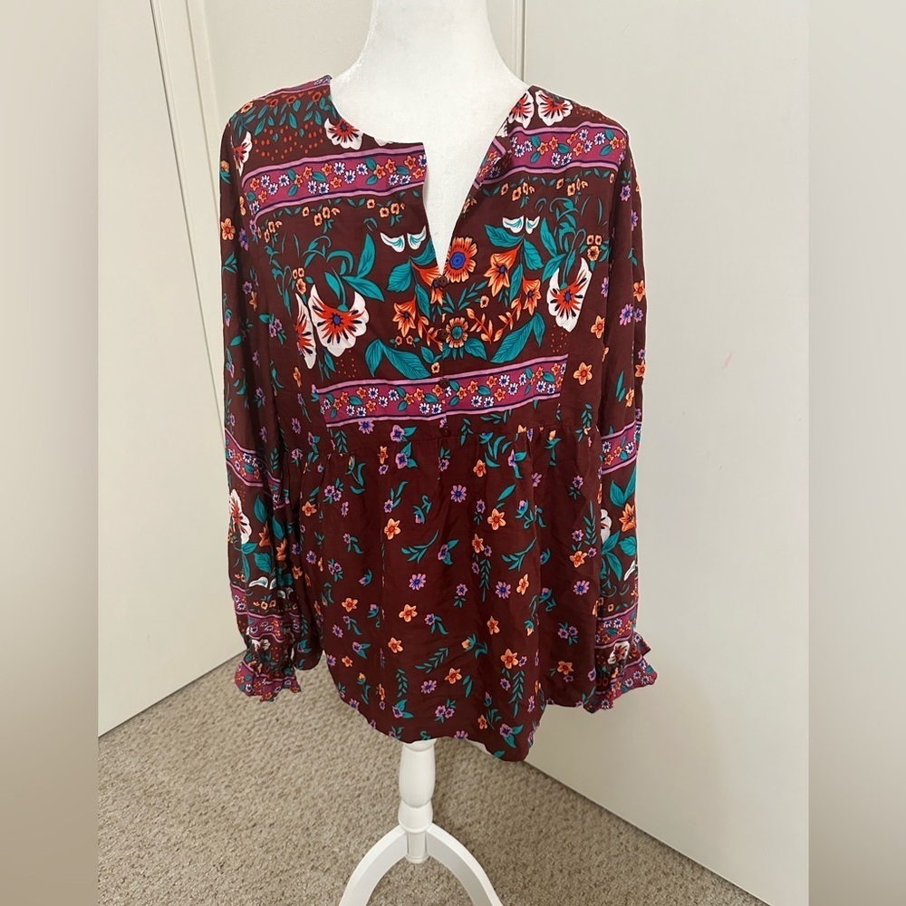 Suzanne Betro Romantic Maroon boho Floral Peplum Top Long-sleeves L